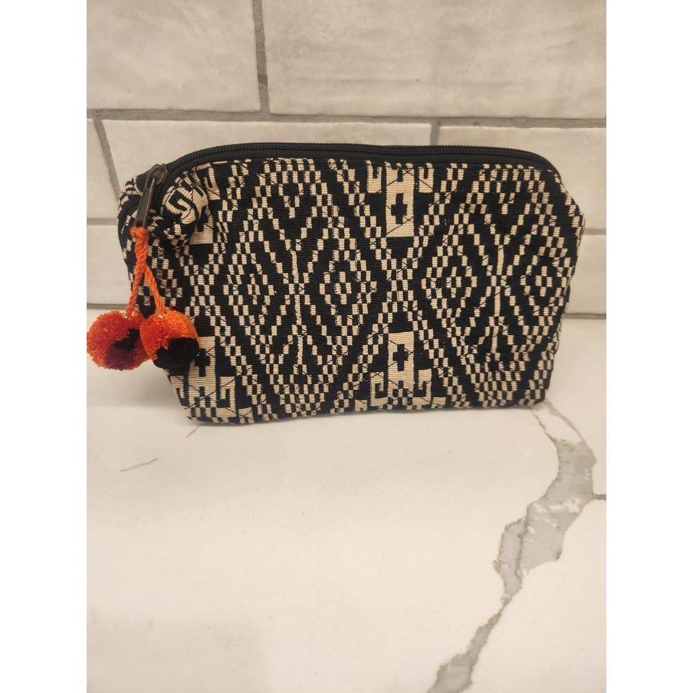 Lovestitch Black and Cream Colorful Pom Poms Boho Makeup Bag Pouch Made in India